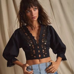 New Free People Louella embroidered black top size small